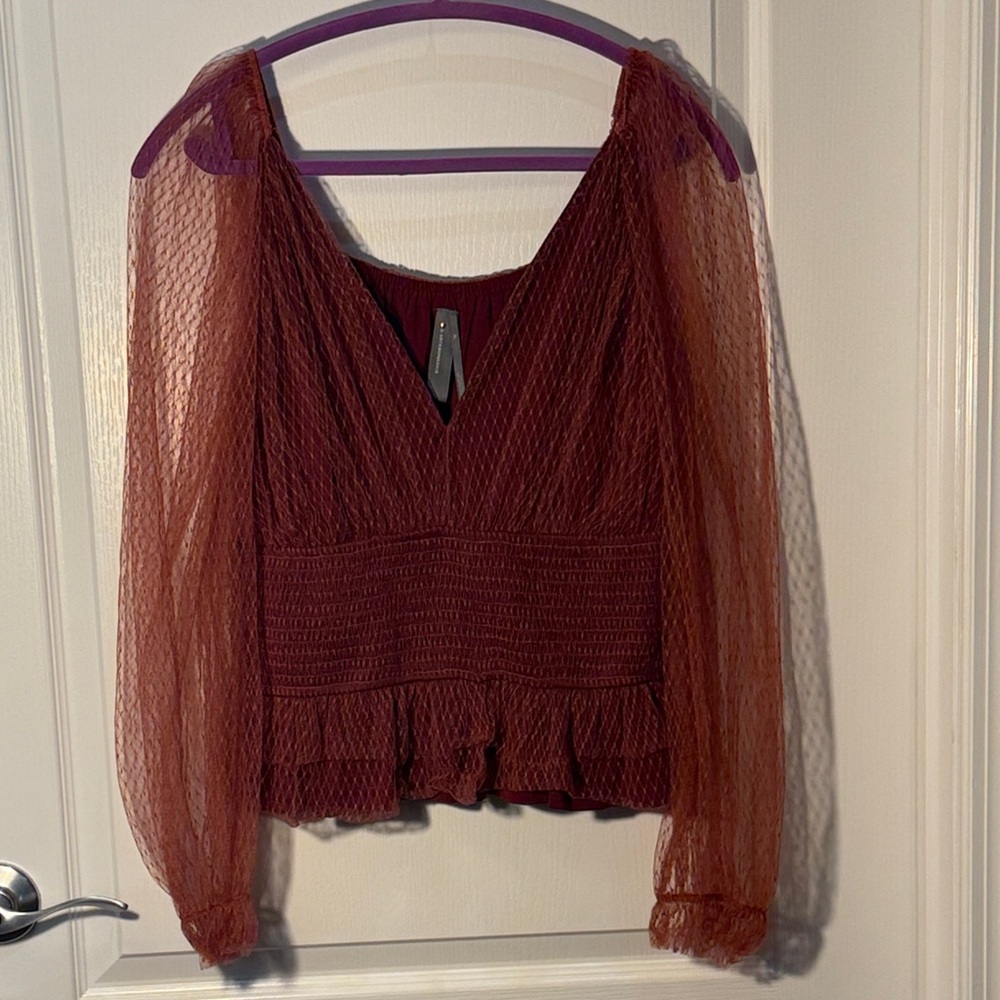 Anthropologie Burgundy Tulle Long Sheer Sleeve Blouse Lined Bodice Size XL